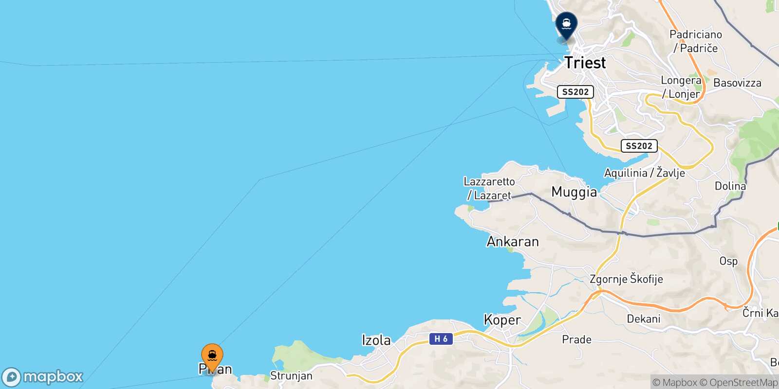 Mapa de los puertos conectados con  Trieste