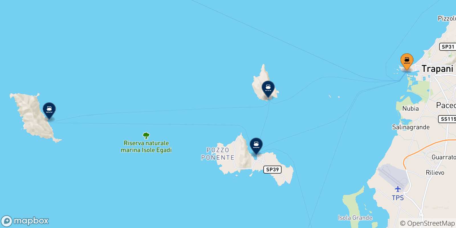 Mapa de las posibles rutas entre Marsala y  Islas Egadas