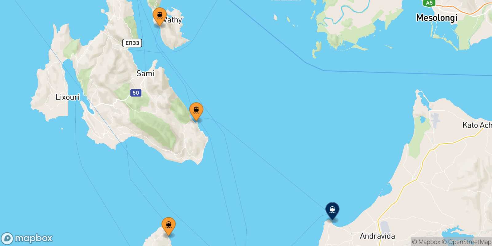 Mapa de los puertos conectados con  Kyllini