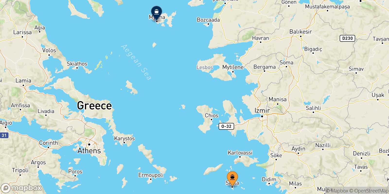 Mapa de la ruta Patmos Mirina (Limnos)
