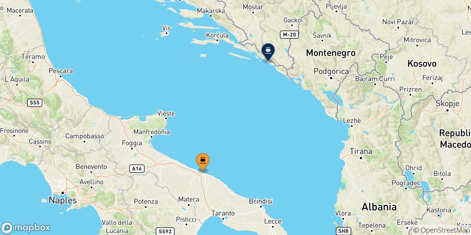 Mapa de las posibles rutas entre Bari y  Croacia