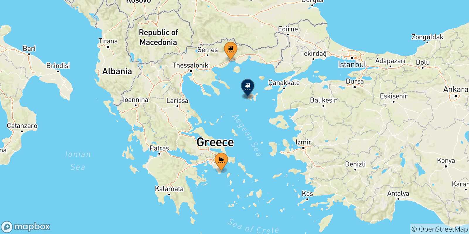 Mapa de las posibles rutas entre Grecia y  Agios Efstratios