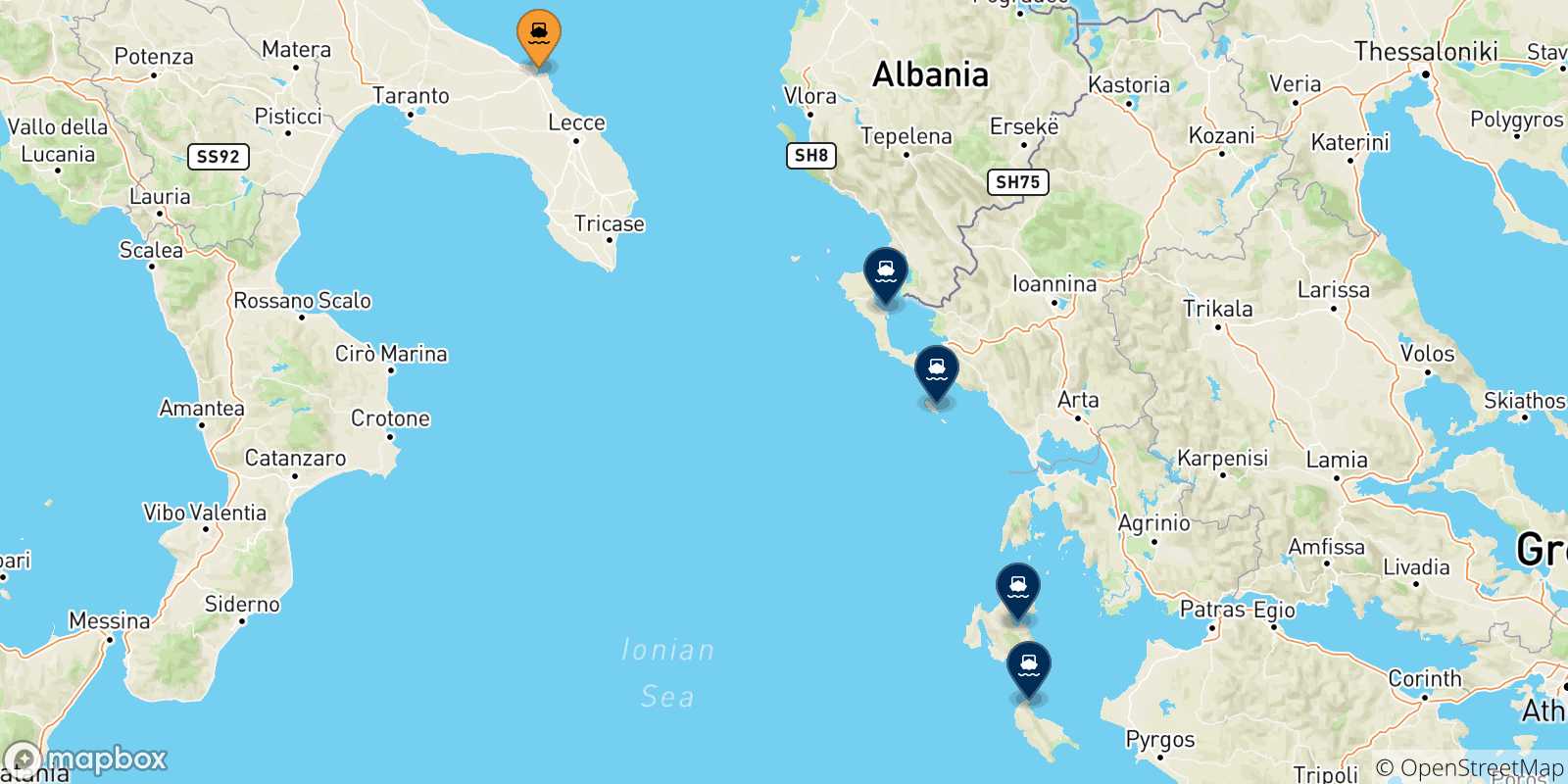 Mapa de las posibles rutas entre Brindisi y  Islas Jonicas