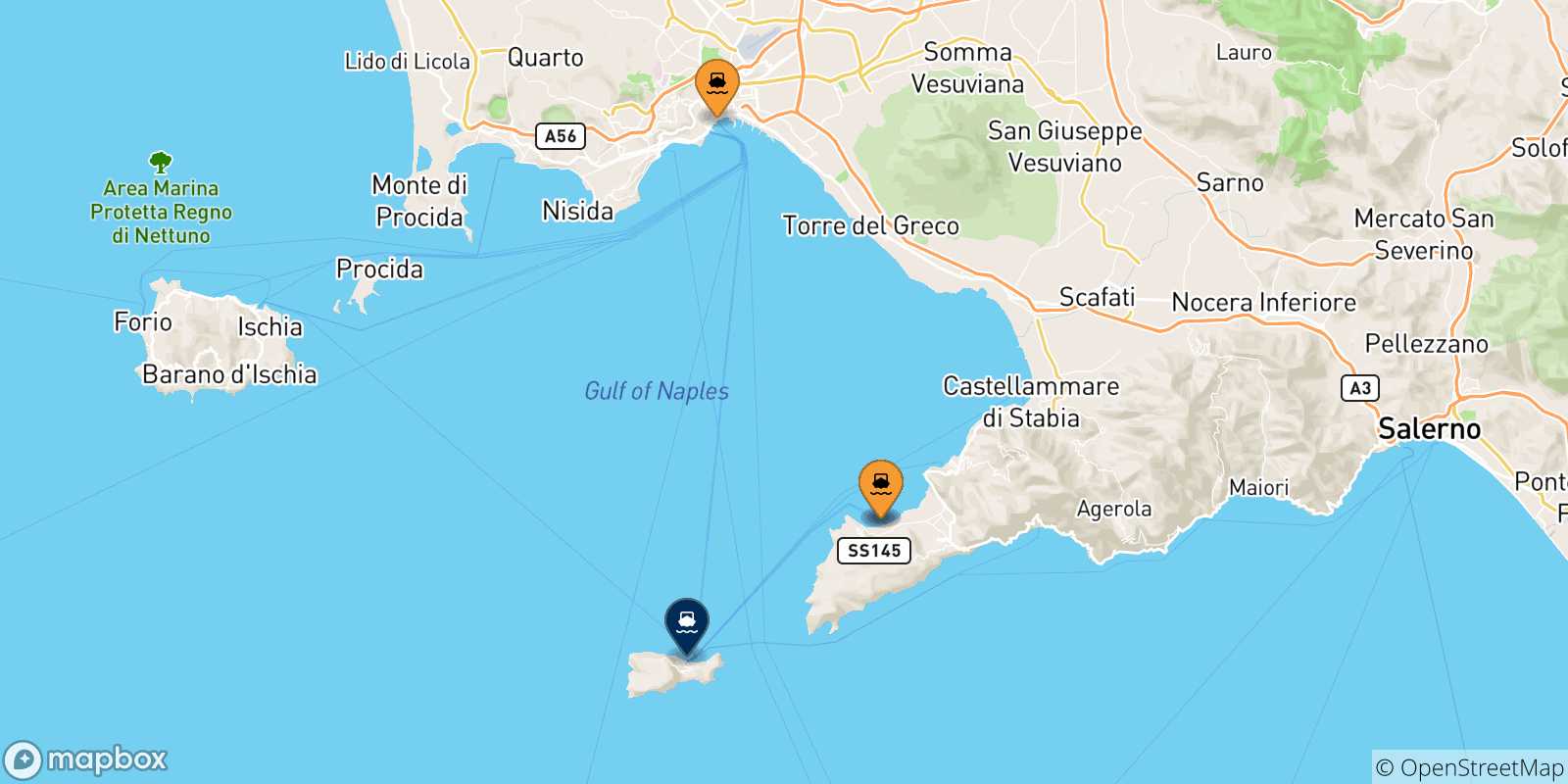 Mapa de las posibles rutas entre Italia y  Capri