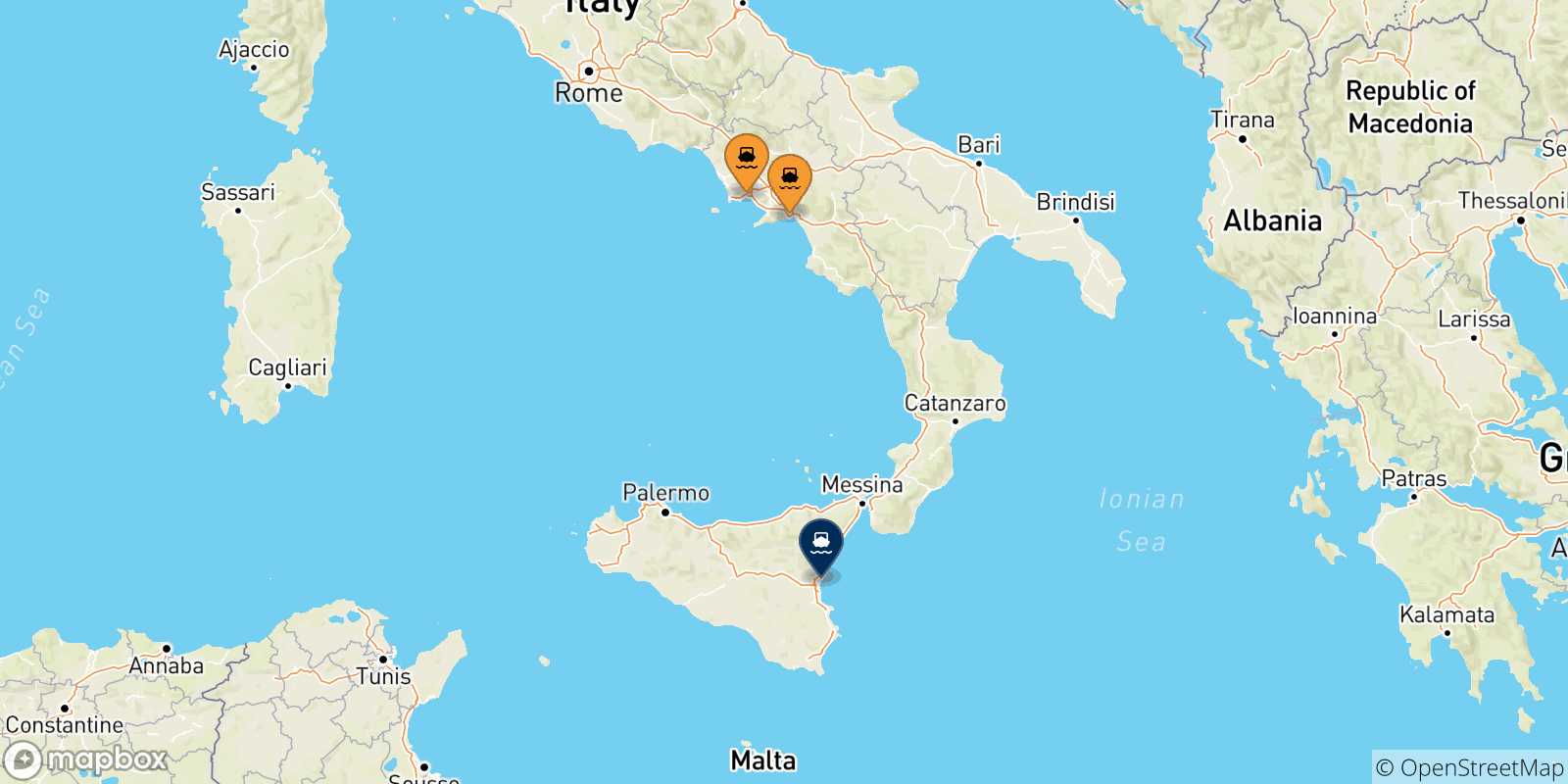 Mapa de las posibles rutas entre Italia y  Catania