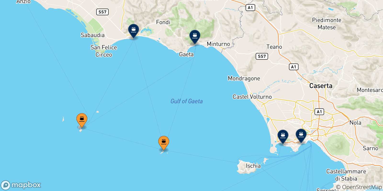 Mapa de las posibles rutas entre Islas Pontinas y  Italia