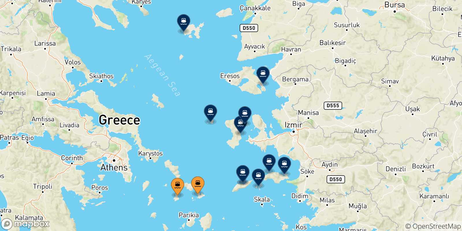 Mapa de las posibles rutas entre Las Cicladas y  Islas Del Egeo