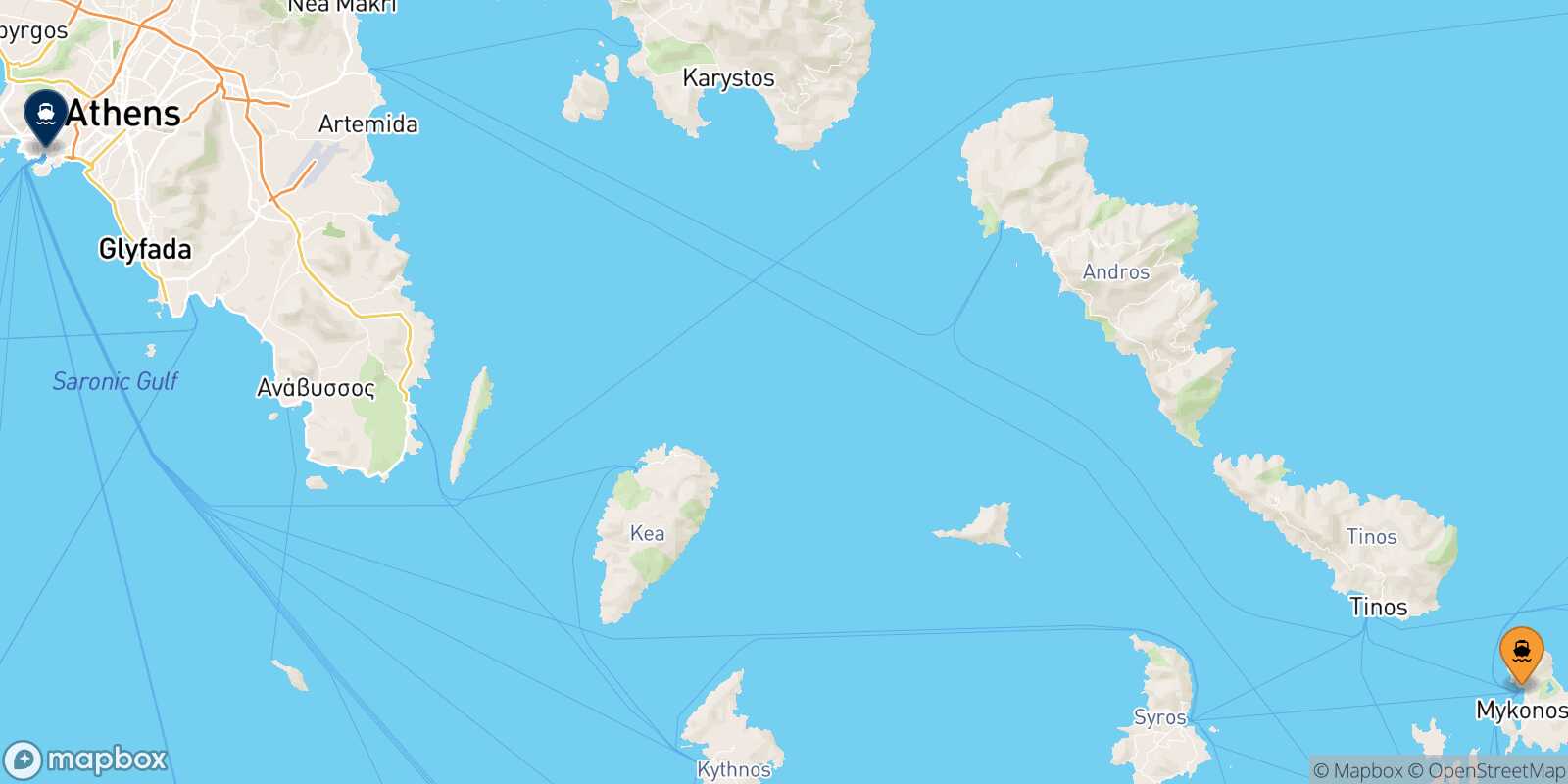 Mapa de la ruta Mykonos El Pireo