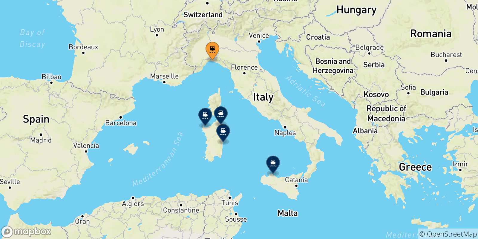 Mapa de las posibles rutas entre Genova y  Italia