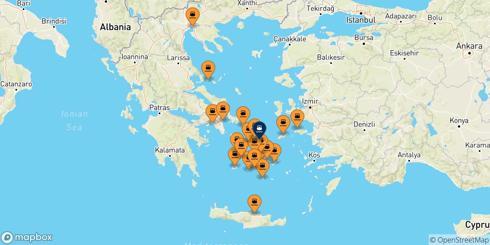 Mapa de las posibles rutas entre Grecia y  Mykonos