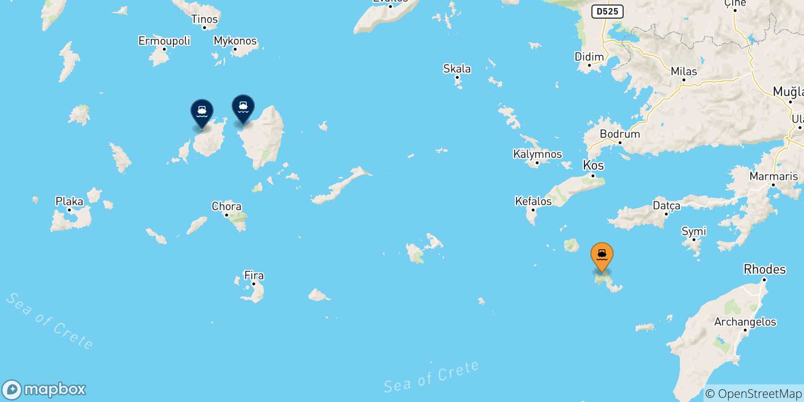 Mapa de las posibles rutas entre Tilos y  Las Cicladas