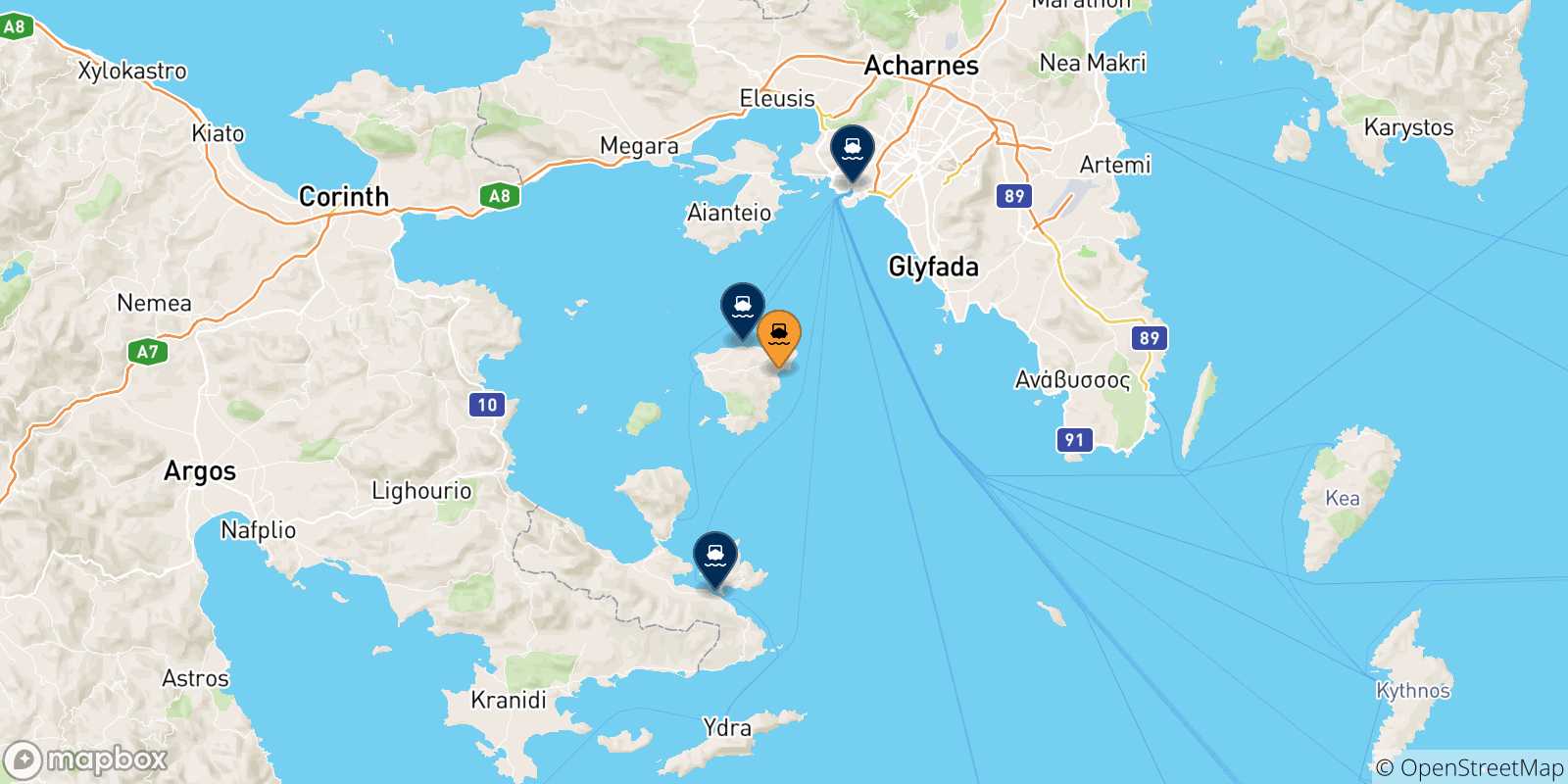 Mapa de las posibles rutas entre Agia Marina (Aegina) y  Grecia