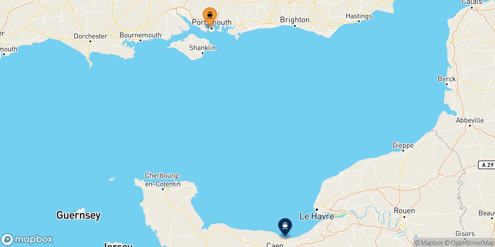 Mapa de la ruta Portsmouth Ouistreham (Caen)