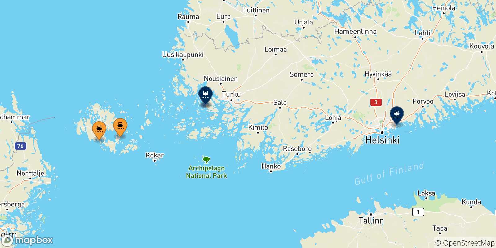 Mapa de las posibles rutas entre Islas Aland y  Finlandia