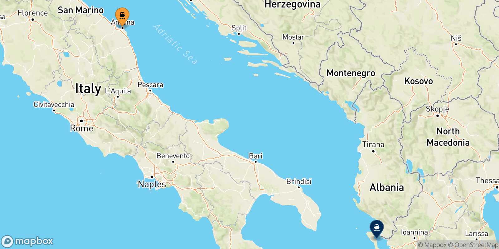 Mapa de la ruta Ancona Corfu
