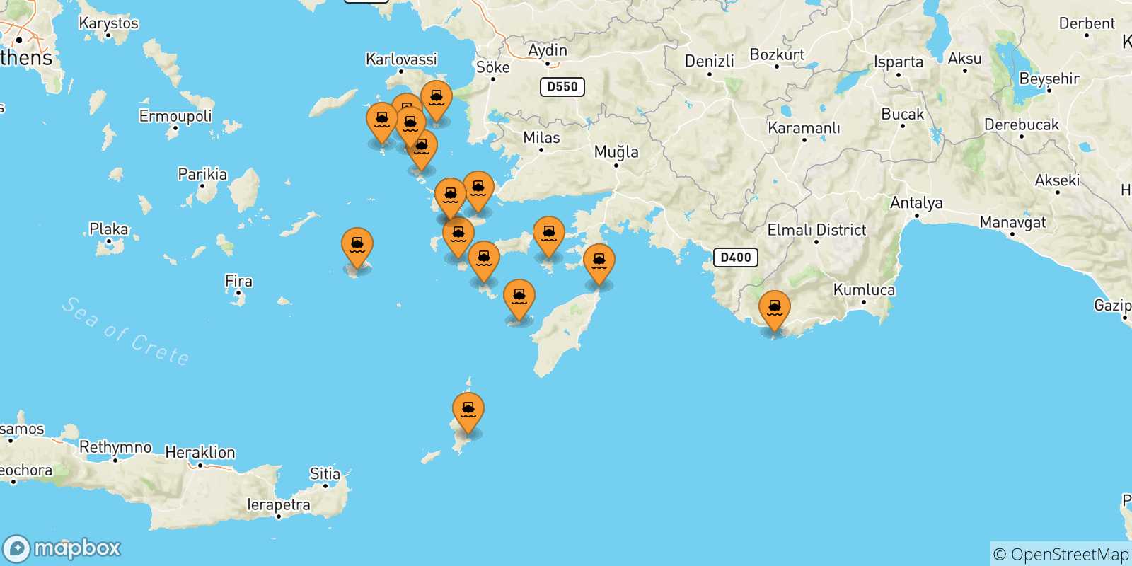 Mapa de las posibles rutas entre Dodecaneso y  Kalymnos