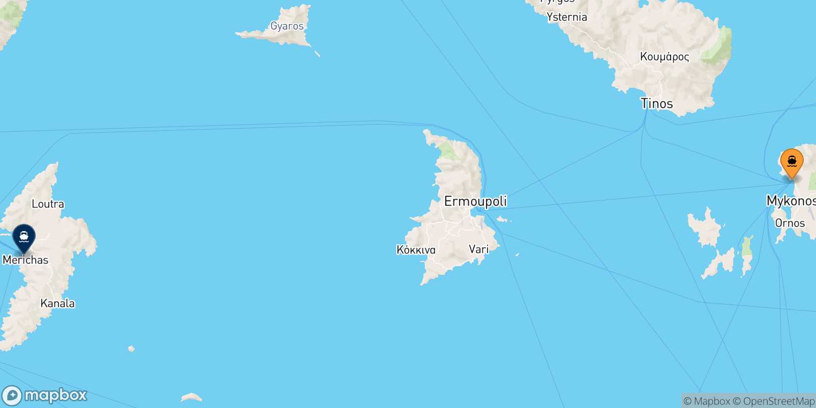 Mapa de la ruta Mykonos Kythnos