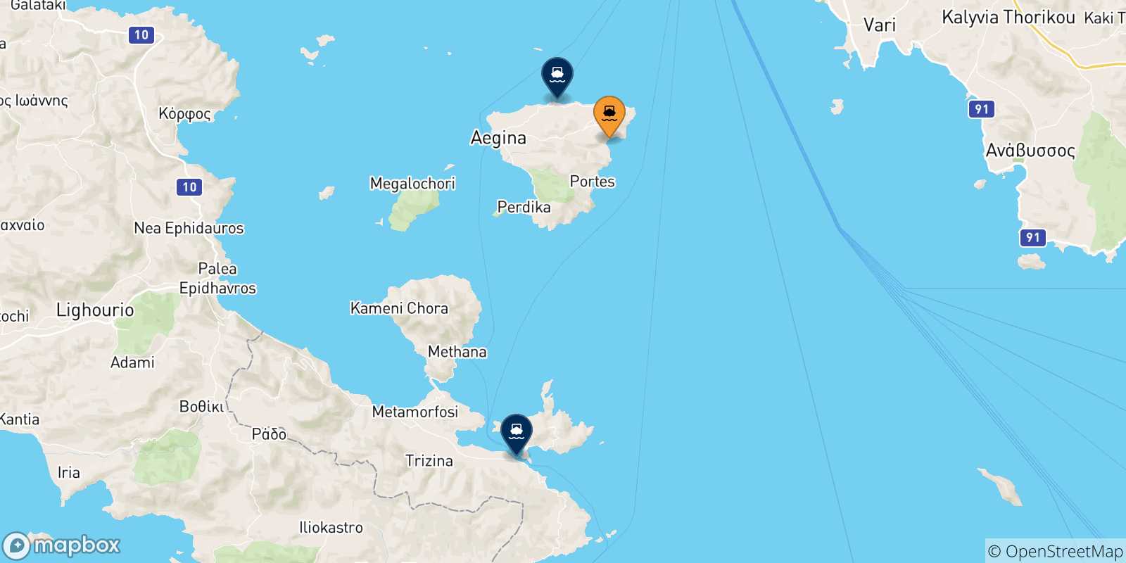Mapa de las posibles rutas entre Agia Marina (Aegina) y  Islas Sarónicas