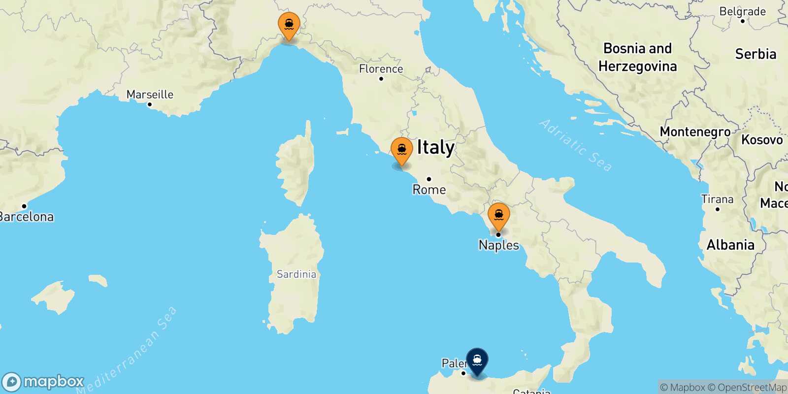 Mapa de los puertos conectados con  Termini Imerese