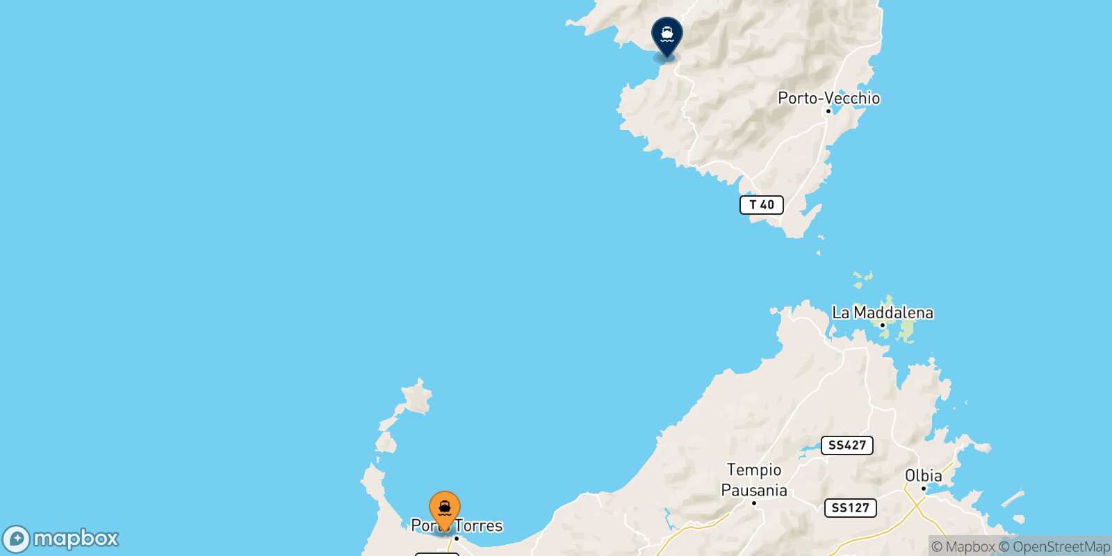 Mapa de la ruta Porto Torres Ajaccio