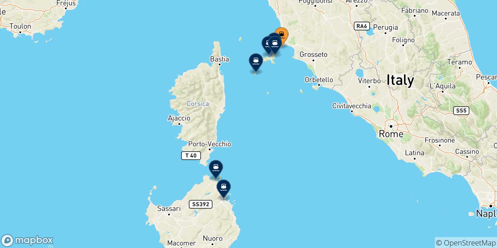 Mapa de las posibles rutas entre Piombino y  Italia