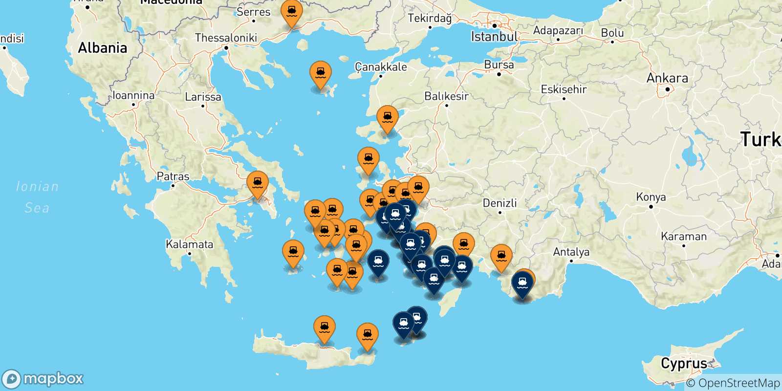 Mapa de los puertos conectados con  Dodecaneso