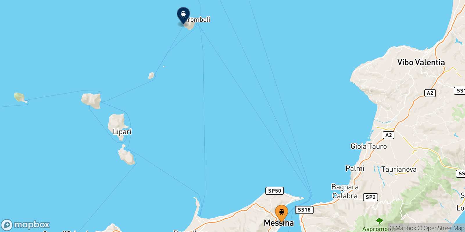 Mapa de la ruta Mesina Ginostra (Stromboli)