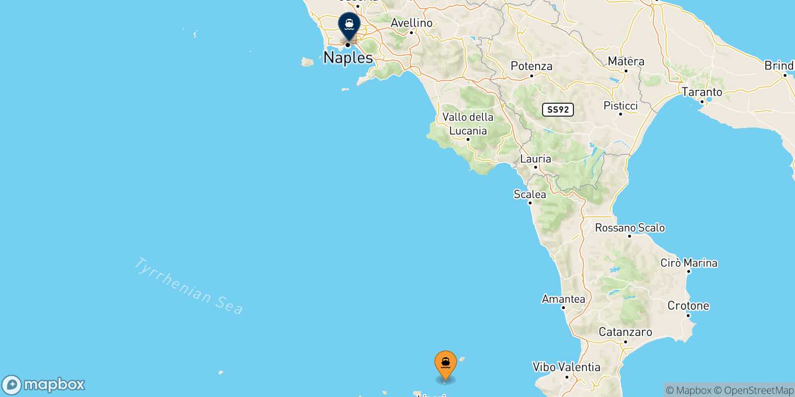 Mapa de la ruta Panarea Nápoles