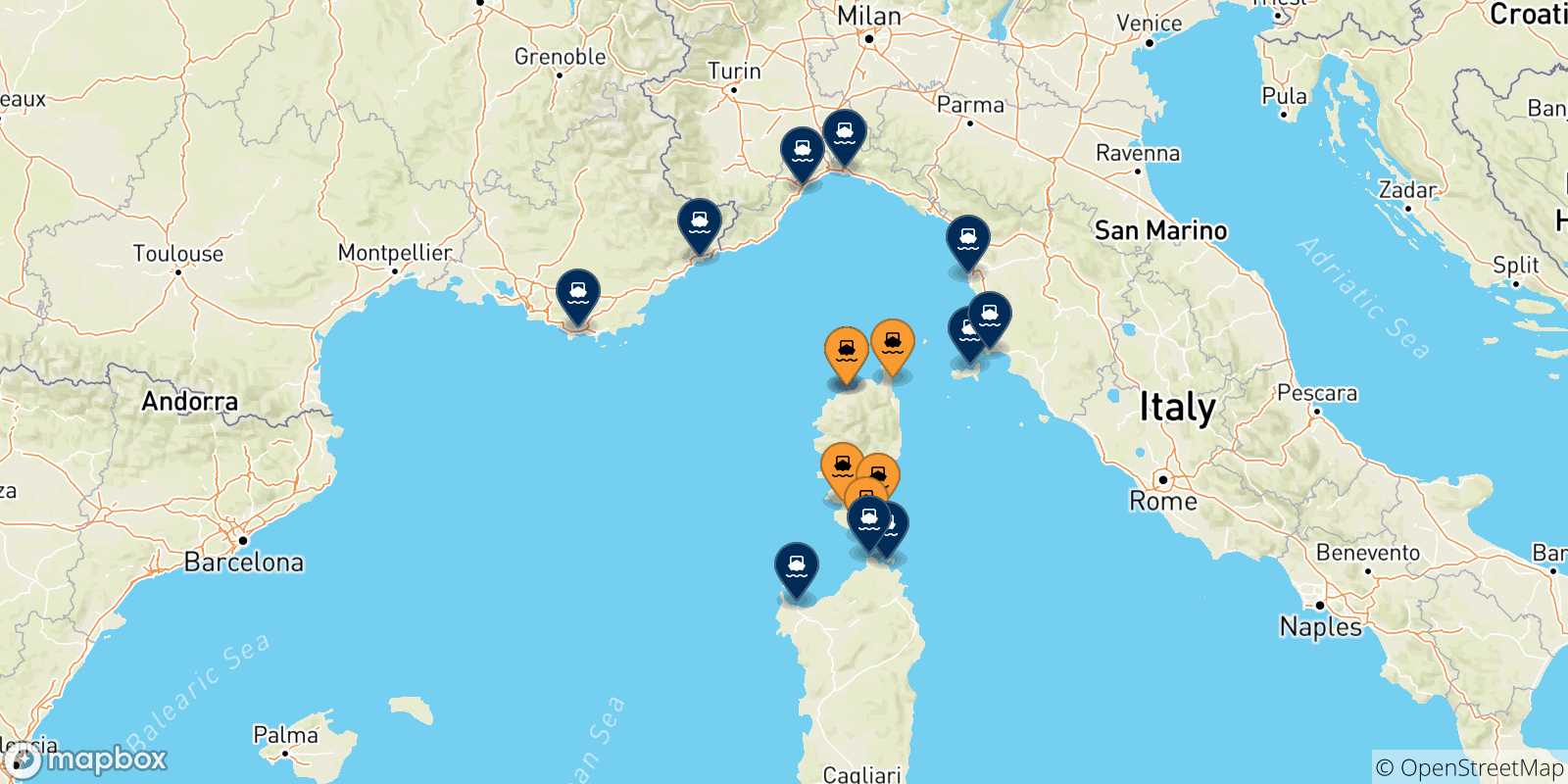Mapa de los destinos alcanzables de Córcega