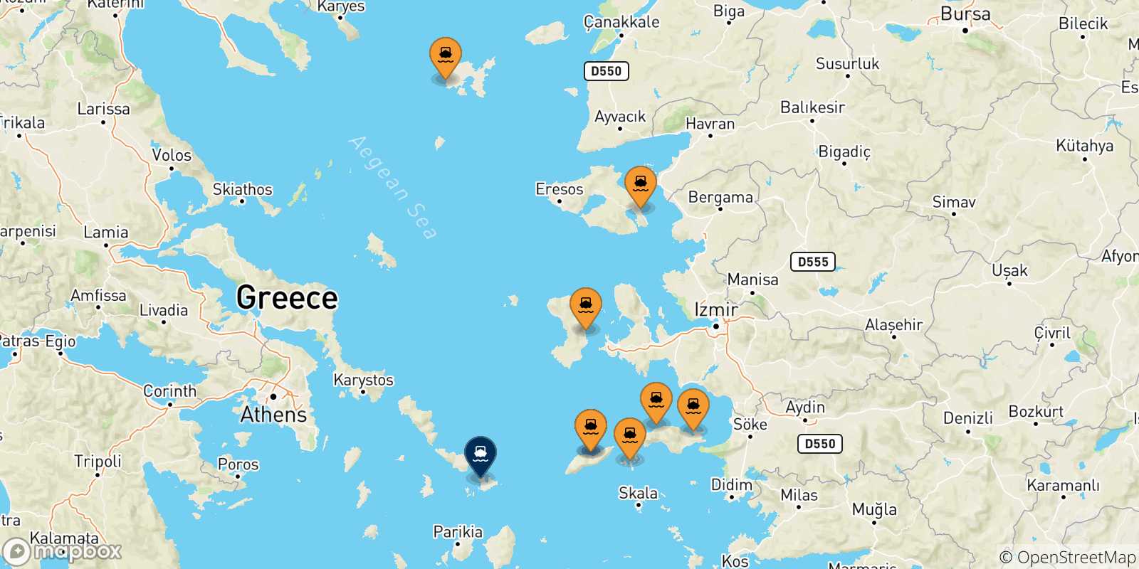 Mapa de las posibles rutas entre Islas Del Egeo y  Mykonos