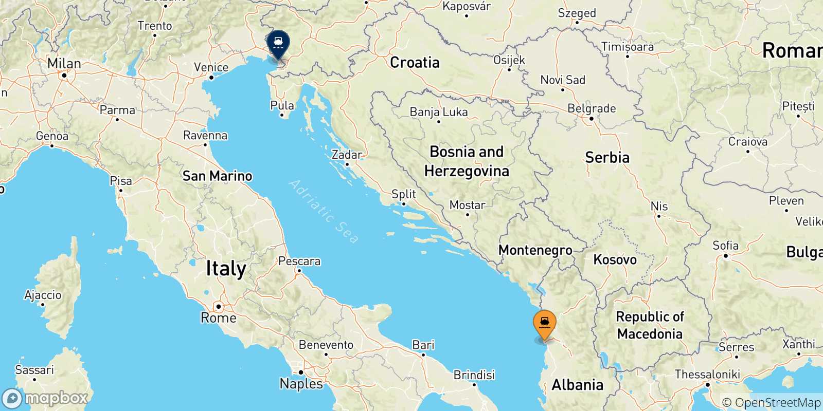 Mapa de las posibles rutas entre Albania y  Trieste