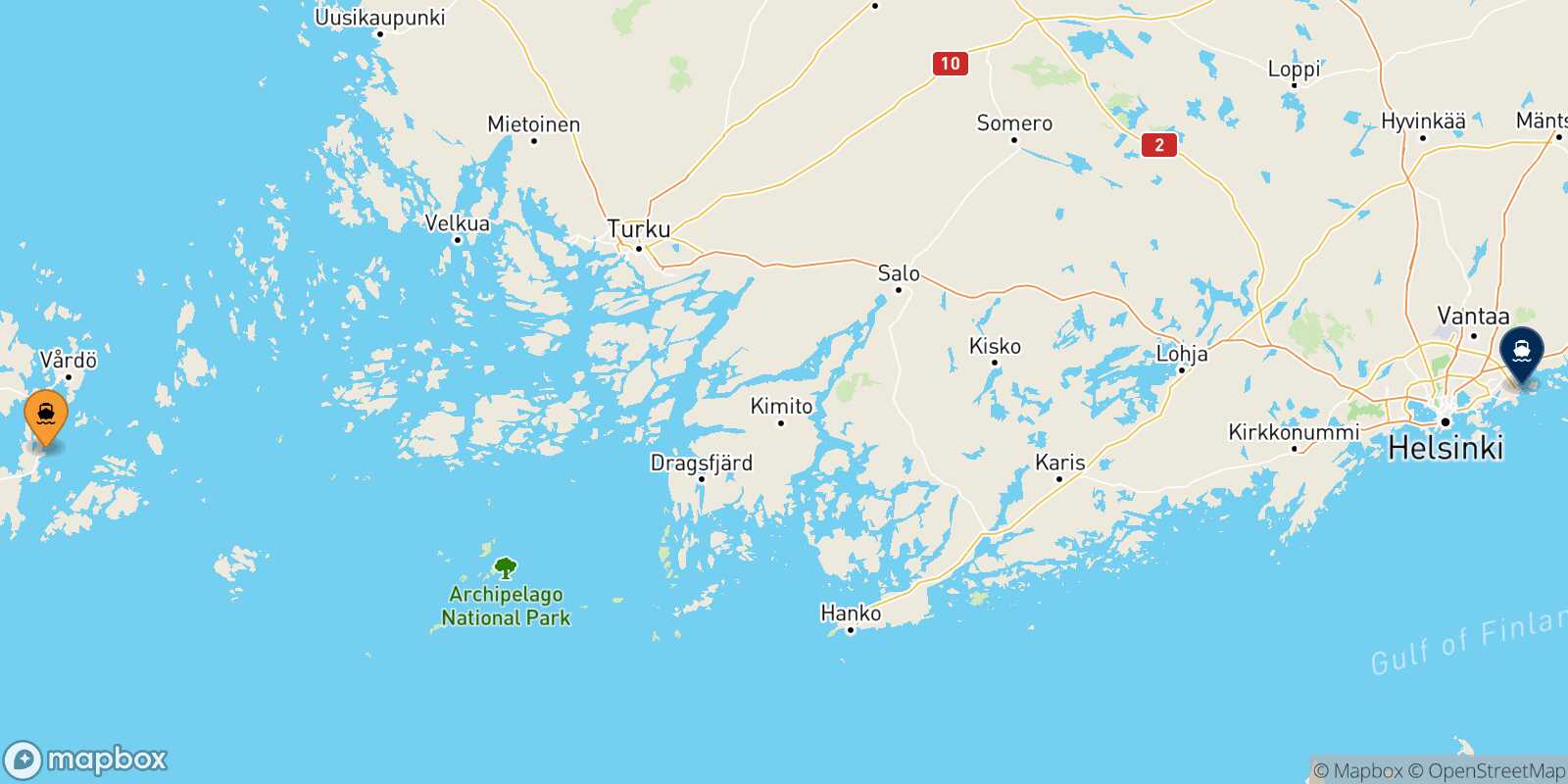 Mapa de la ruta Långnäs Helsinki