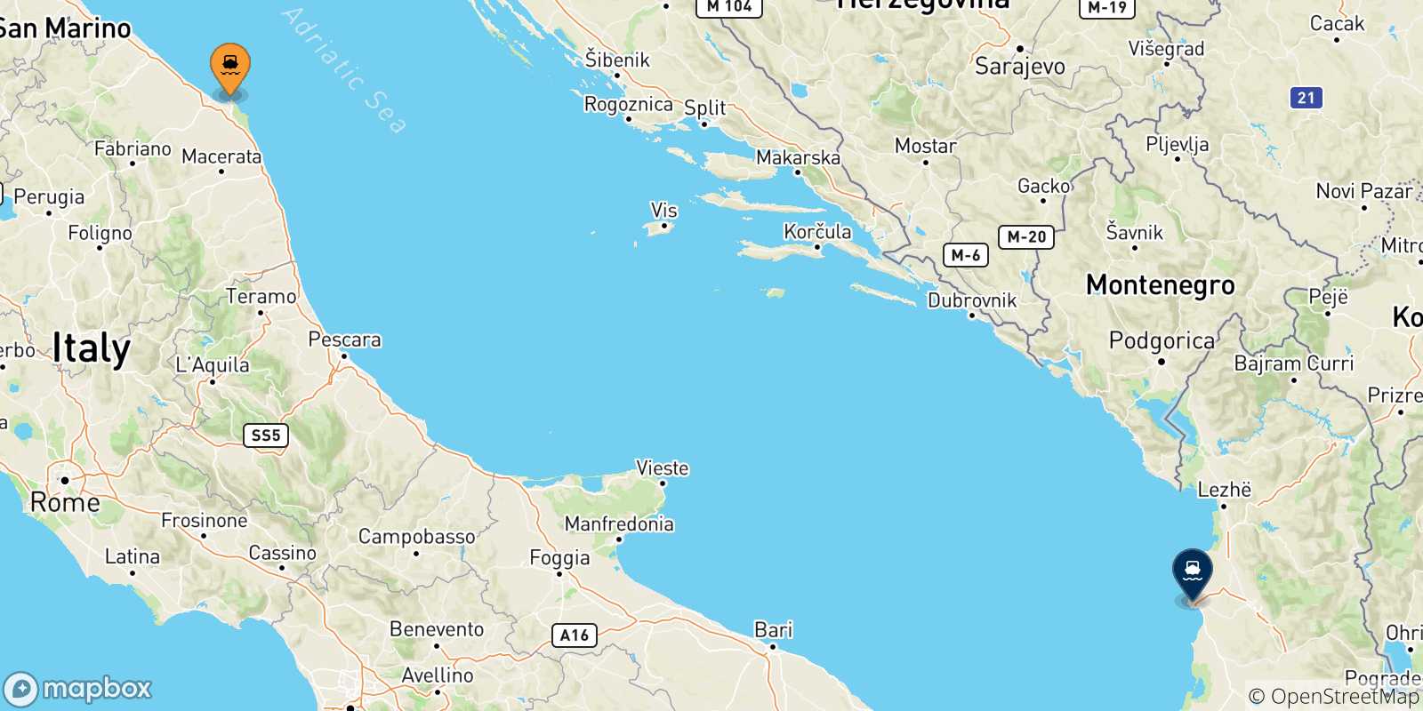 Mapa de las posibles rutas entre Ancona y  Albania