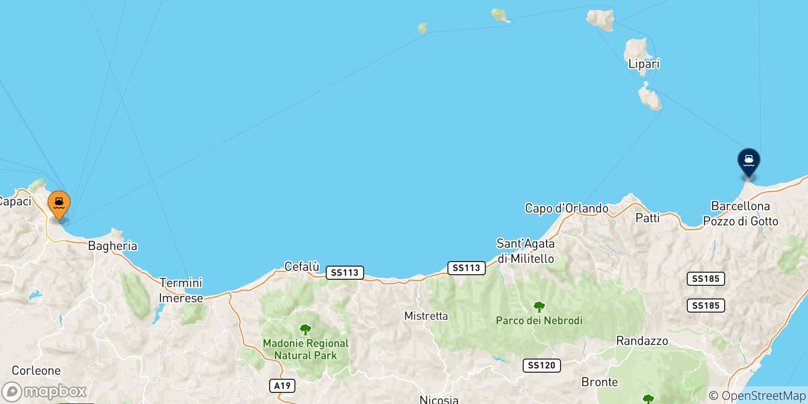 Mapa de las posibles rutas entre Palermo y  Sicilia