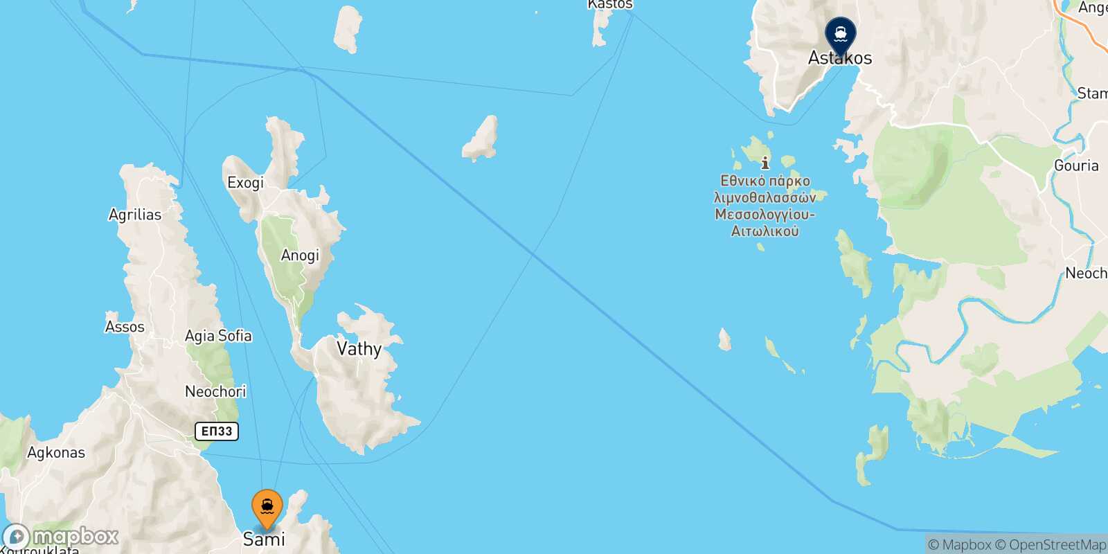 Mapa de la ruta Sami (Cefalonia) Astakos
