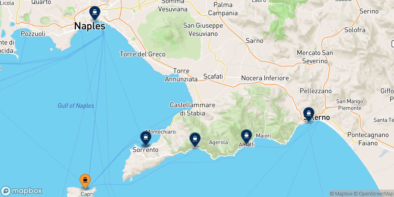 Mapa de los destinos alcanzables de Capri