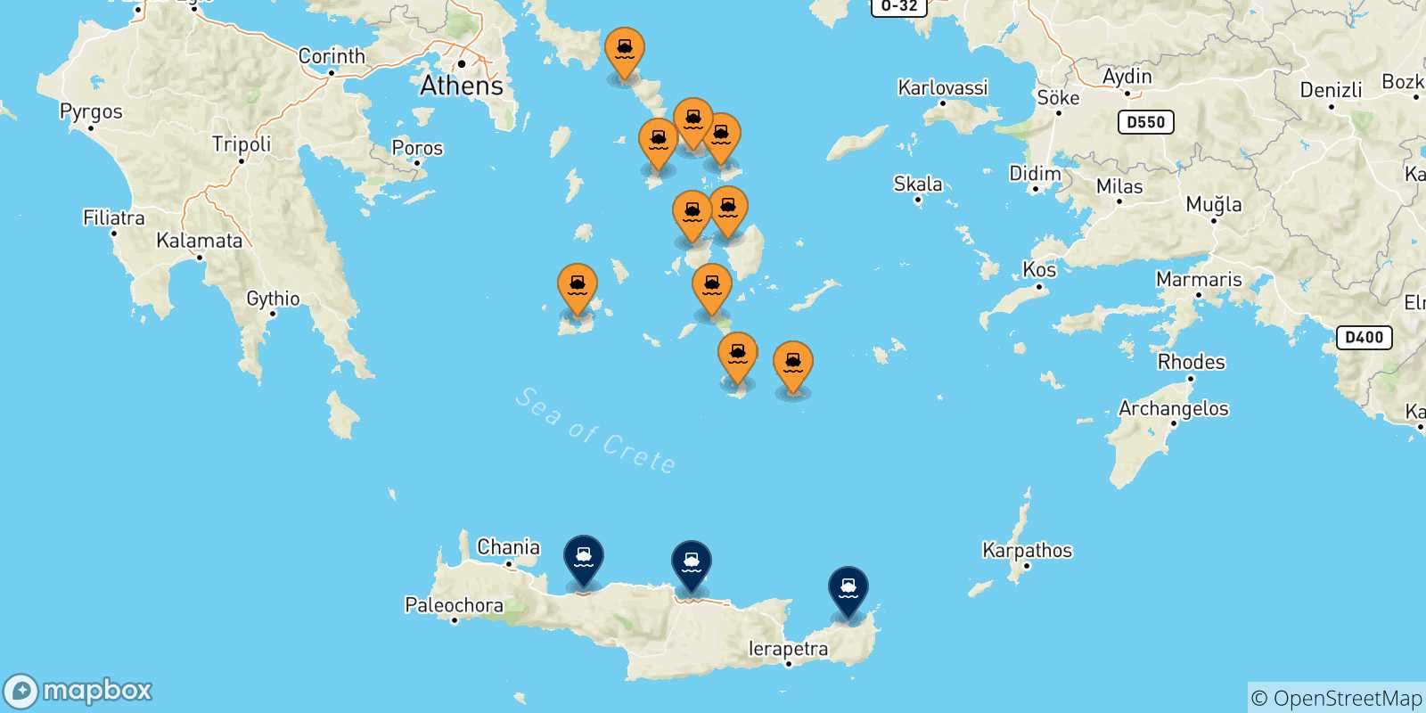 Mapa de las posibles rutas entre Las Cicladas y  Creta