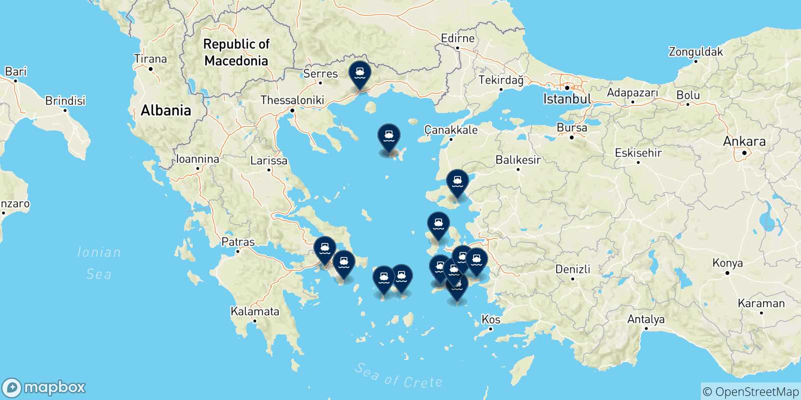 Mapa de las posibles rutas entre Mirina (Limnos) y  Grecia