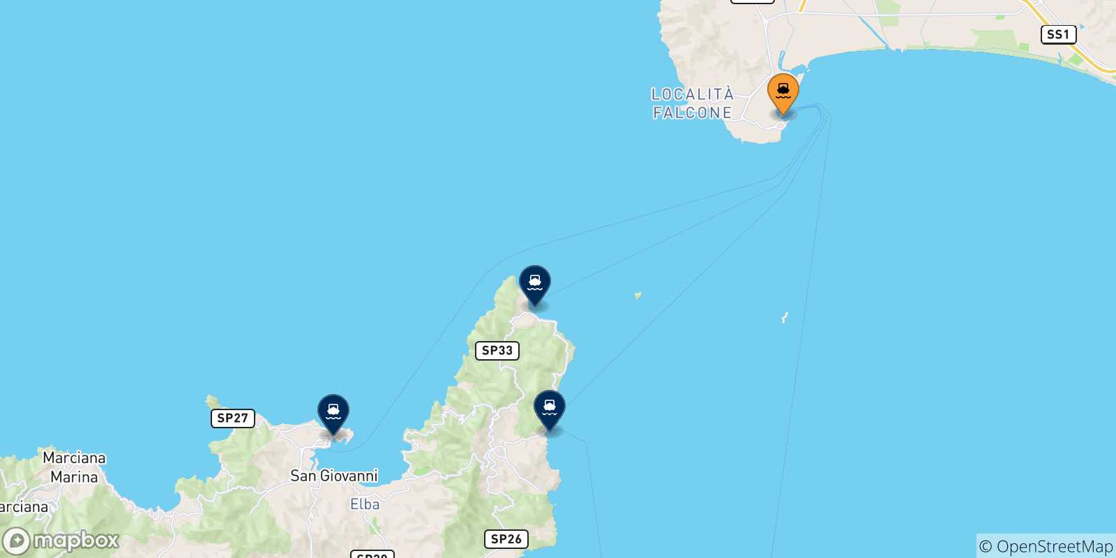 Mapa de las posibles rutas entre Piombino y  Isla De Elba