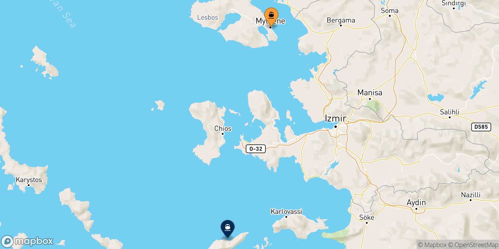 Mapa de la ruta Mytilene (Lesvos) Agios Kirikos (Ikaria)