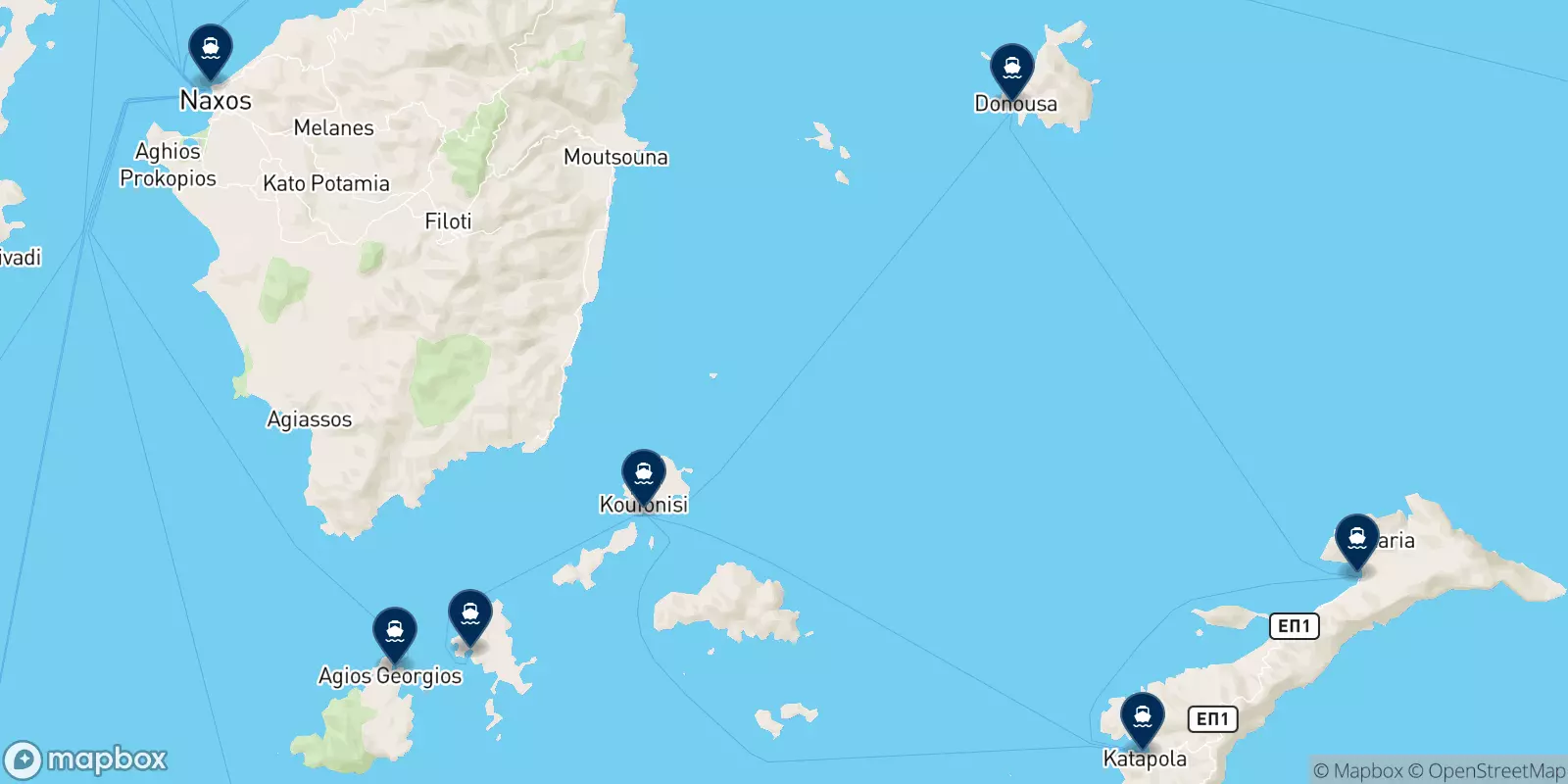 Mapa de los destinos Mikres Kyklades N.e.